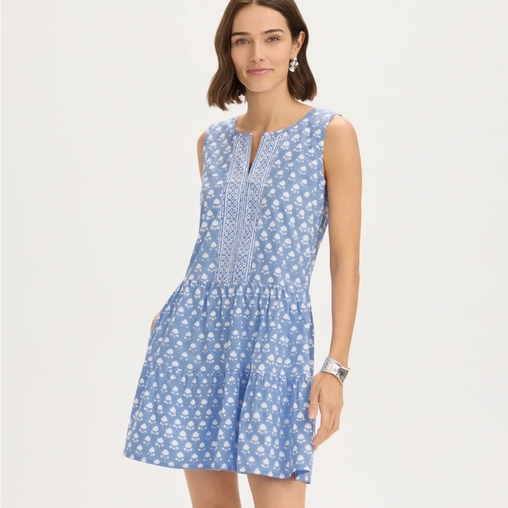 RNWK Blue‎ White Floral Block Print Tiered Sleeveless Mini Dress XL NWT